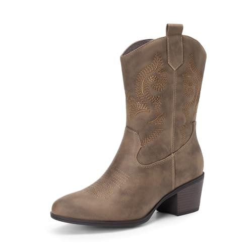 DREAM PAIRS Cowboy Boots for Women, Mid Calf Cowgirl Boots with Embroidery Round Toe Western Chunky Low Heel Shoes,Size 6.5,Camel,DWUMMB2505