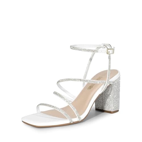 DREAM PAIRS Women's Heels Chunky Block Strappy Square Open Toe Ankle Buckle Heeled Sandals Wedding Party Dress Shoes Indie,Size 6,White-Rhinestone,SDHS2428W