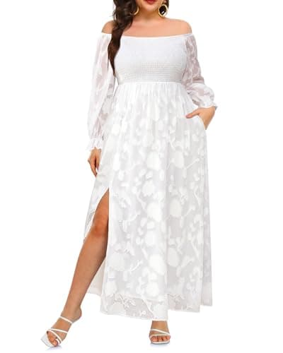 Pinup Fashion Plus Size White Long Sleeve Fall Off Shoulder Maxi Slit Dress