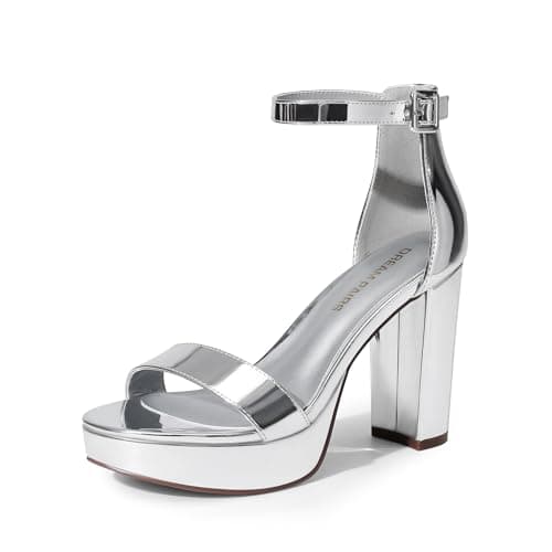 DREAM PAIRS Women's Platform Chunky High Heeled Sandals Open Toe Block Heels Ankle Strap Dress Shoes for Wedding Party Evening,Size 6.5,Silver-Pat,DWUMHS2508