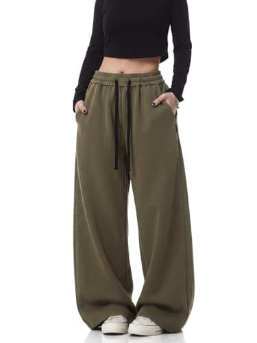EMMIOL Barrel Sweatpants for Women, Baggy High Waisted Y2K Barrel Leg Joggers with Contrast Side Panels and Pockets Bottle Green