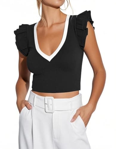 EZBELLE Summer Tank Tops Womens Sexy Shirt V Neck Blouse Knit Crop Tshirt