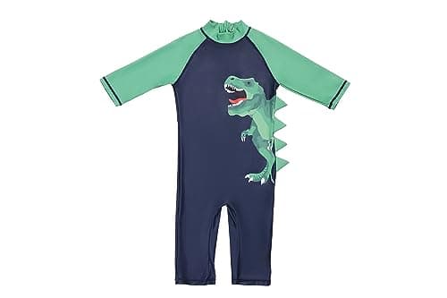 LIZENS Boys Rash Guard Shirts One Piece Swimwear Green Dinosaur Short Sleeve UPF50+ Sun Protection Swimsuit(1-1.5T)