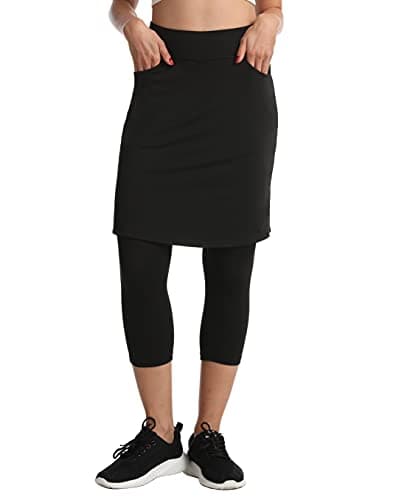 HOKOYI Women's Modest Skirted Capri Pants with 2 Pockets Workout Knee Length Skort Cropped Leggings bk XXL Black