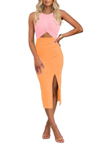 oten Women's Casual Sleeveless Cutout Twist Front Side Slit Midi Dresses