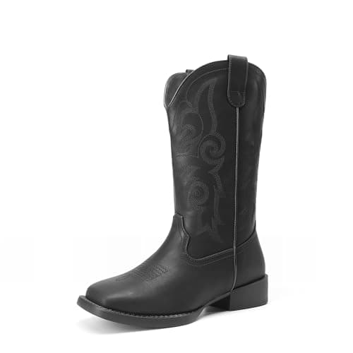 DREAM PAIRS Women's Cowboy Cowgirl Boots Embroidered Square Toe Mid Calf Western Boots Fashion Dress Chunky Low Heel Shoes for Theme Party Country Concert,Size 6.5,All Black,DWUMMB2516