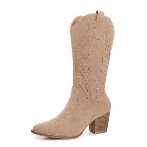 SHIBEVER Cowboy Boots for Women 2025: Mid Calf Cowgirl Booties Western Embroidered Chunky Heels Boots with Zipper Apricot Size 8.5