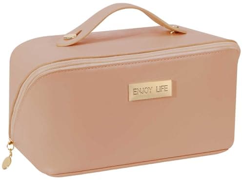 DSDCDJ Travel Makeup Bag, Large Capacity Cosmetic Bag for Women, Waterproof PU Leather, Flat Open Portable Toiletry Bag for Skincare, Brushes & Travel Essentials, Pink