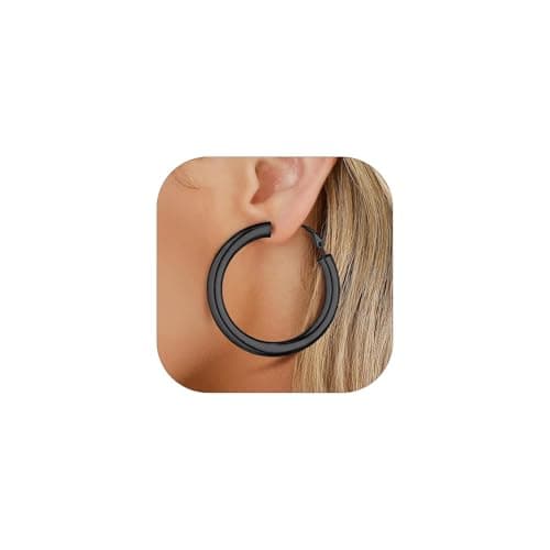 FaithHeart 5mm Thick Black Chunky Earrings Stainless Steel Hoops Earrings for Women Hollow Tube Thick Black Hoops Hypoallergenic Lightweight Jewelry 50mm