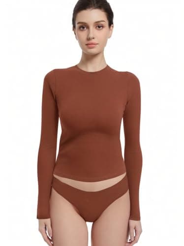 Abonlen Long Sleeve Shirts for Women Crewneck Basic Tees T Shirts Fitted Crop Tops Y2k Going Out Tops (Copper Brown,Medium)