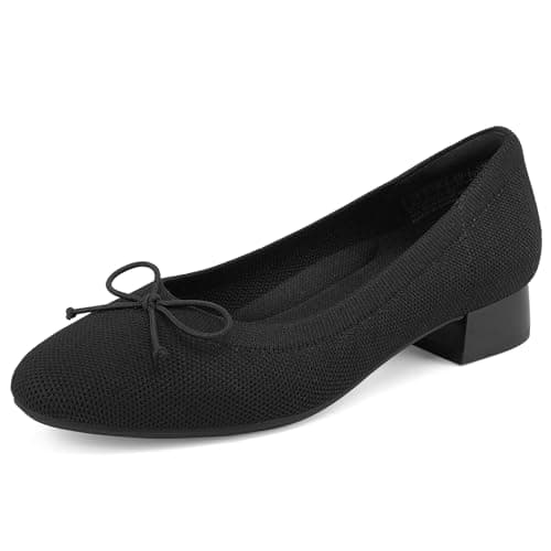 JENN ARDOR Comfortable Black Slip on Dress Shoes for Women Round Toe Low Heeled Pumps Casual Holiday Wedding Office Work Mesh Knit Cute Ballet Flats with Bow