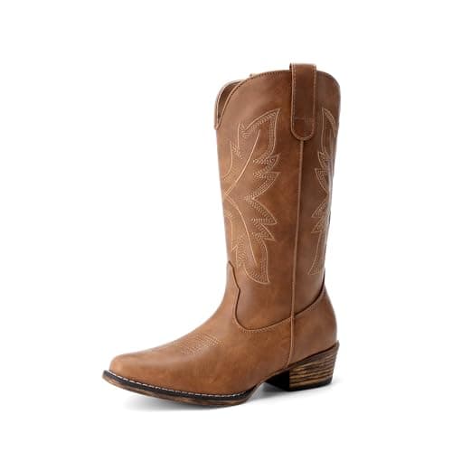 DREAM PAIRS Cowboy Boots for Women Cowgirl Western Mid Calf Boots Snip Toe Embroidered Stitched Low Chunky Heel Pull On Fashion Boots,Size 7,Brown,SDMB25005W-2