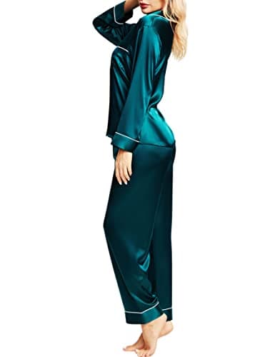 SIHA Satin pajamas Women's Pajamas Set Long Sleeve sleepwear Blue 3XL