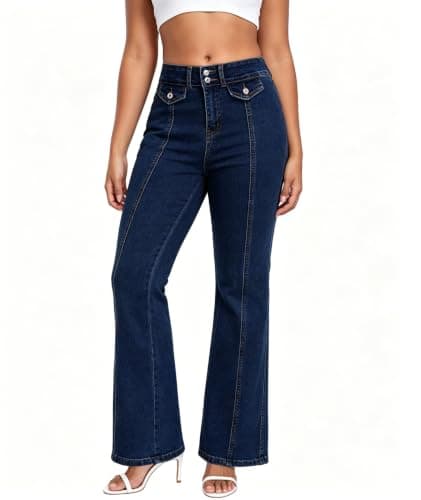 MARIASHA Jeans for Women Flared Leg Stretch High Wasited Printed Pocket Pants Deep Blue M