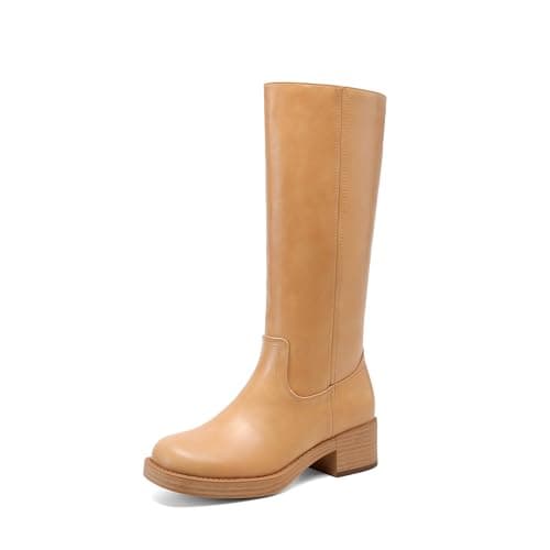 DREAM PAIRS Womens Knee High Boots Square Toe Platform Chunky Block Heel Banana Campus Boots for Women Comfortable Low Heel Side Zipper Womens Riding Tall Boots,Size 6,All Yellow,DWUMKB2539