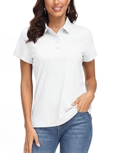 MAGCOMSEN Golf Polos for Women Dry Fit Polo Golf Shirts Athletic Hiking Tshirts UPF 50+ Work Tops Quick Dry White S