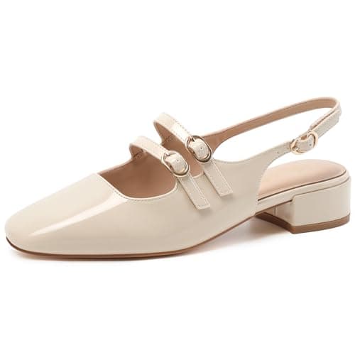 Mostrin Nude Mary Jane Shoes Women Slingback Chunky Low Heels for Women Closed Rounded Toe Ankle Strap Pumps Daily Wedding Party Dress Shoes Size 8
