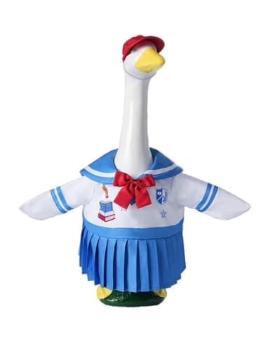 Porch Goose Back to School Outfit, Blue Pleated Dress w/ Red Bow & Cap, 23"