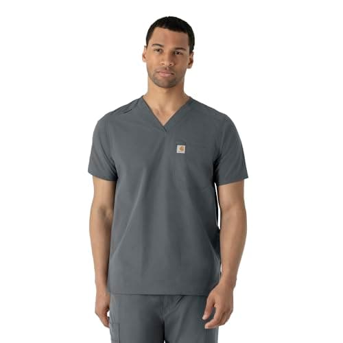 Carhartt Scrubs for Men, Force Essentials, V-Neck Shirttail Tops with 4 Pockets Pewter