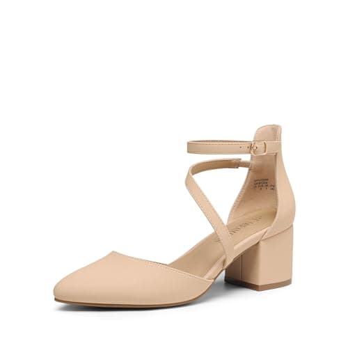DREAM PAIRS Women's Closed Pointed Toe Low Chunky Heels Pumps Ankle Strap Wedding Business Dressy Shoes,Size 7,Nude-Nubuck,SDPU2354W