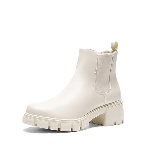 DREAM PAIRS Women's Elastic Chelsea Ankle Boots Platform Low Chunky Block Heel Lug Sole Slip on Fall Heeled Booties Shoes,Size 9.5,Beige,SDAB2316W