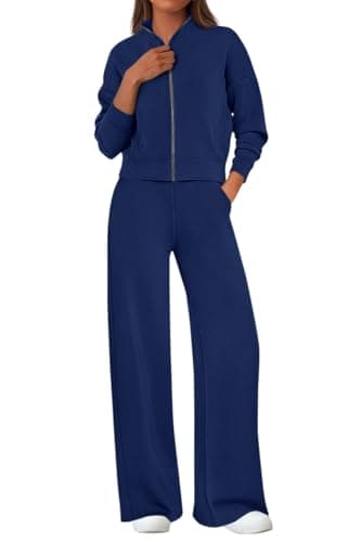 PRETTYGARDEN Women's 2 Piece Outfits Spring Sweatsuits Zip Up Sweatshirt Wide Leg Sweatpants Casual Tracksuit Lounge Sets(Navy Blue,Small)