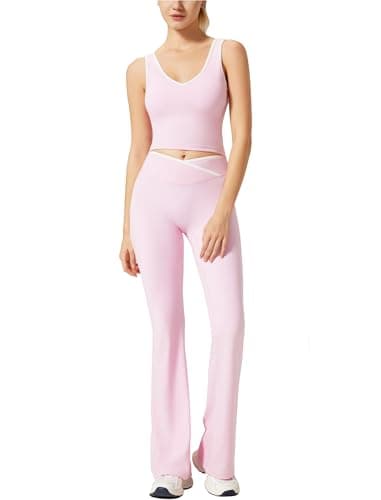 RXRXCOCO Workout Sets For Women 2 Piece Gym Yoga Pilates Outfits Active Matching Set Flare Leggings Scrunch Butt Lifting Crop Tank Top Pink XL