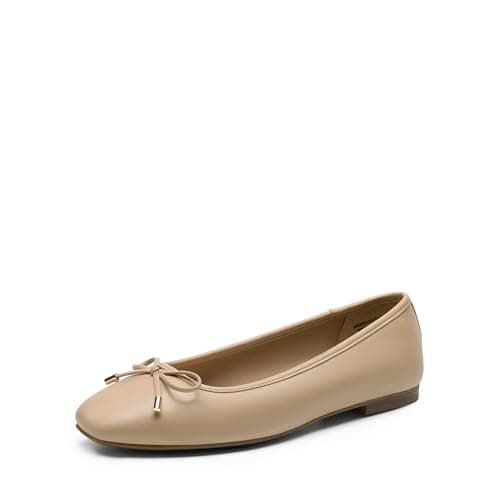 DREAM PAIRS Women's Flats Square Toe Ballet Flats Comfortable Casual Ballerina Flat Dress Shoes with Bow Suitable for Dressy Business Casual Work Office,Size 9.5,Nude,DWUMFA2517