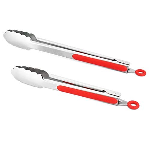 Premium 304 Stainless Steel Tongs Set – 12" Grill Tongs & 9" Cooking Tongs, Heat Resistant up to 600°F, Wavy Grip Head, Non‑Slip Handle with Locking Clip & Hanging Loop, Dishwasher Safe, Red