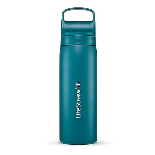 LifeStraw Go Series – Insulated Stainless Steel Water Filter Bottle for Travel and Everyday Use, Removes Bacteria, Parasites and Microplastics, Improves Taste, 18oz Laguna Teal