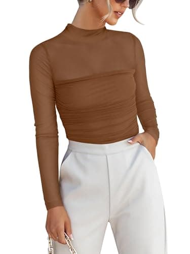 ANRABESS Mesh Long Sleeve Tops for Women Sexy Shirts,Brownish Yellow,L