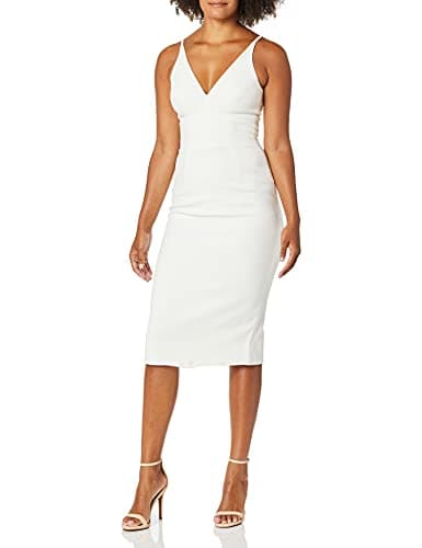 Dress the Population Womens Lyla Plunging Sleeveless Fitted Midi Sheath Dress, Off White, Small US