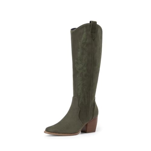 DREAM PAIRS Womens Cowboy Boots Wide Calf Comfortable Pull On Zipper Chunky Heel Pointed Toe Embroidered Western Cowgirl Knee High Boots Ladies Retro Tall Boot,Size 5,Green,SDKB224W