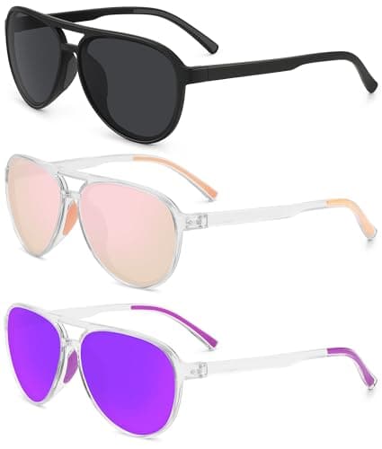 STORYCOAST Polarized Aviator Sunglasses for Men Women Classic Retro Aviators Sports Driving Running Sun Glasses 3Pack-Black+Clear Purple+Clear Pink