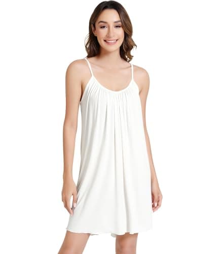 NACHILA Women's Bamboo Viscose Nightgown Cami Slips Dress Spaghetti Strap Midi Sleep Dress Backless Chemise Summer Sleepwear White M