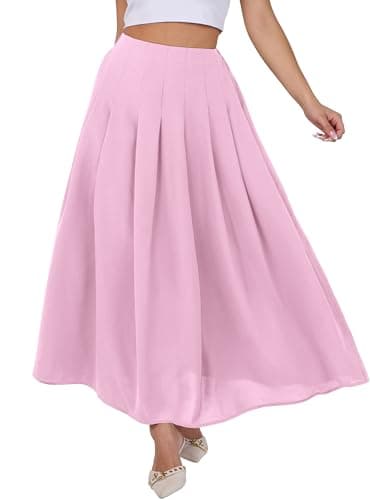 ANRABESS Women A-Line Pleated High Waist Maxi Skirt Full Ankle Length Flowy Swing Elegant Dressy Casual Work Long Skirts Pink X-Large