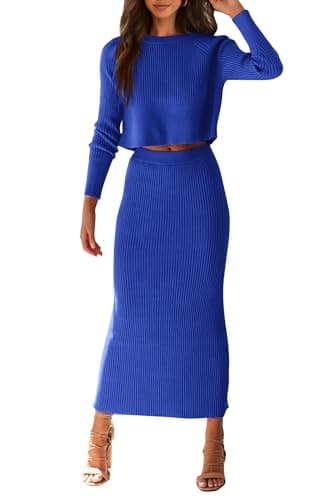 PRETTYGARDEN Women's Spring Fall 2 Piece Sweater Set Rib Knit Long Sleeve Crop Top Maxi Bodycon Skirt Casual Winter Outfits (Blue,Large)