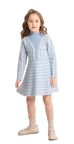 SMILING PINKER Girls Dresses Houndstooth Knitted Sweater Flare Winter Dress Mock Neck (Blue, 8-9 Years)