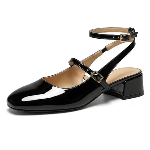 GotSoft Womens Square Toe Mary Jane Pumps Chunky Low Heels Ankle Strap Slingback Wedding Party Dress Shoes, Black, Size 10