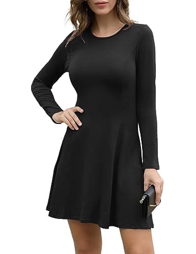 Aphratti Women's Long Sleeve Fall Dresses Casual Basic Crew Neck A-Line Fit and Flare Skater Dress XX-Large Black