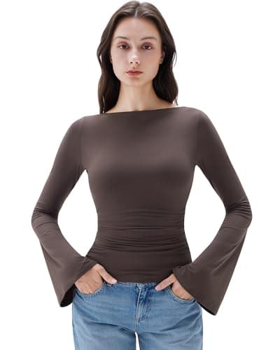 SUUKSESS Women Crew Neck Bell Sleeve Tops Double Lined Going Out Fitted Basic T Shirts Brown