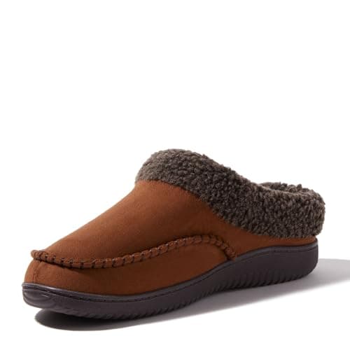 Dearfoams Men's Marshall Microsuede Moc Toe Clog with Berber Cuff, CHESTNUT, S