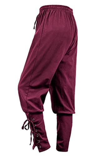Kranchungel Renaissance Pants Pirate Costume: Mens Medieval Ankle Banded Viking Trousers Halloween Costumes Cosplay Events Wine Red Small