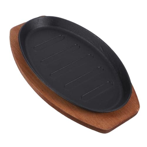 TOPPERFUN Cast Iron Grill Griddle 12-Inch Steak Sizzling Plate with Wooden Base for Indoor Cooking Fajitas and Grilling Sturdy and Heat Resistant Iron Frying Pan