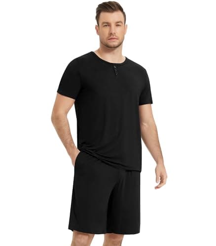 NACHILA Men's Bamboo Viscose Short Sleeve Pajama Set Cooling PJs Soft Breathable Sleepwear with Pockets Summer Loungewear Black X-Large