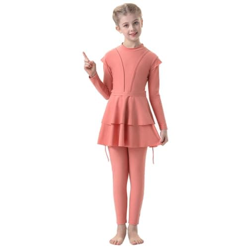 IBTOM Castle Burkini Swimsuits for Girls: Modest Muslim 3PCS Rash Guard Set Swim Skirt Tops Leggings Pants with Hijab Cap Summer Beachwear Full Coverage Conservative Swimming Pink 9-10 Years