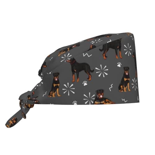 Cute Grey Rottweiler Dog Beige Rottweilers Working Cap Scrub Cap with Sweatband Adjustable Unisex Women Tie Back Hat Nurse Surgical Caps