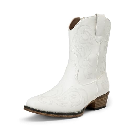 DREAM PAIRS Women's Cowboy Cowgirl Western Boots Embroidered Stitched Ankle Boots Square Toe Chunky Heel Fashion Short Booties with Zipper,Size 6,White,DWUMAB2511