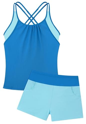HOZIY 2 Piece Bathing Suits with Shorts Tween Girls Tankini Pocket Shorts Blue Color Block Size 10-12 Modest Swimsuits Swimwear