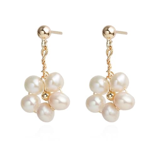 Handmade Wire Craft Freshwater Cultured Pearls Flower Dangle Drop Earrings